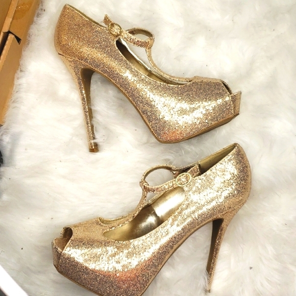 Steve Madden Revaa Gold Glitter Fabric Heels Sparkle bling 10 - Picture 4 of 9